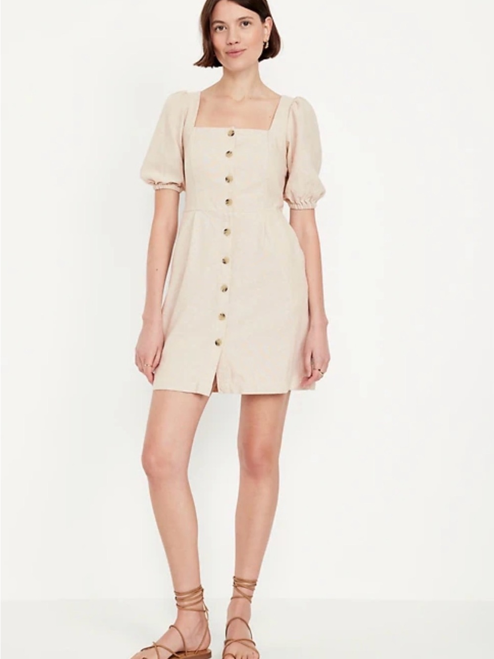 Old Navy Cream Square-Neck Button-Front Puff Sleeve Mini Dress